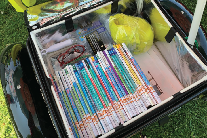 Early reader books inside the e-trike storage compartment