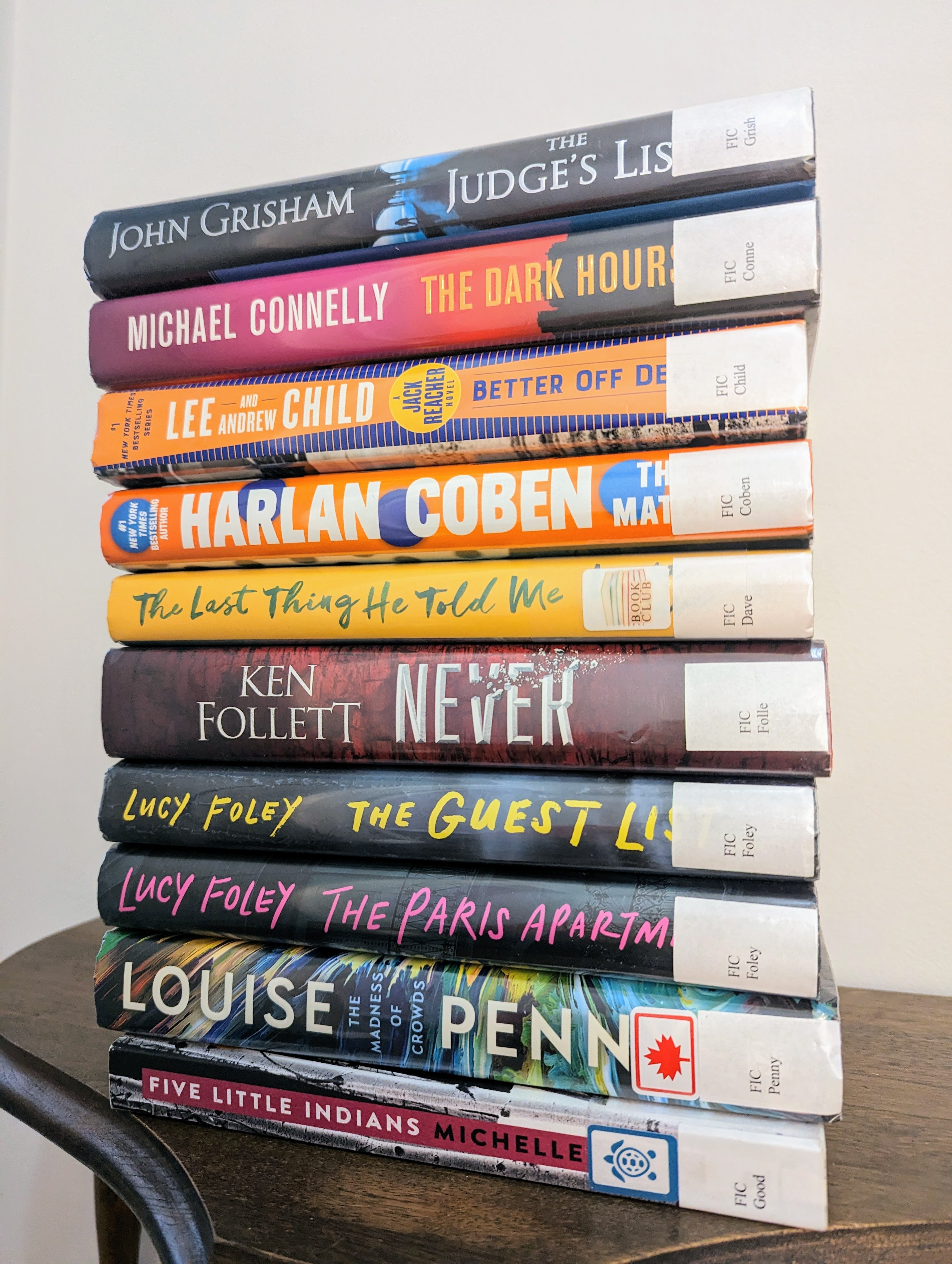1.	The Judge’s List – John Grisham 2.	The Dark Hours – Michael Connelly 3.	Better Off Dead – Lee Child 4.	The Match – Harlan Coben 5.	The Last Thing He Told Me – Laura Dave 6.	Never – Ken Follett 7.	The Guest List – Lucy Foley 8.	The Paris Apartment – Lucy Foley 9.	The Madness of Crowds – Louise Penny 10.	Five Little Indians – Michelle Good