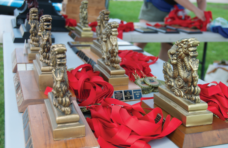 Close up of trophies and medals on a table